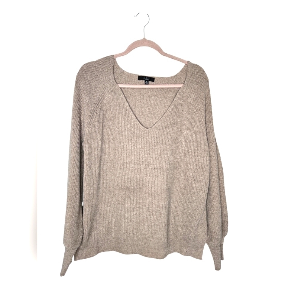 Lulus Womens Classic Heather Taupe V Neck Balloon Sleeve Sweater Size XL